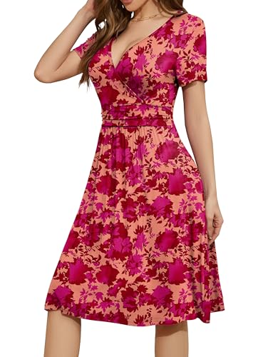 Image of WEACZZY Women's Summer Short Sleeve Casual Dresses V-Neck Floral Party Dress with Pockets