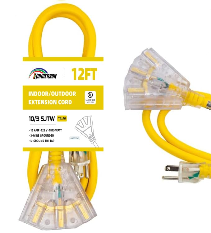 HONDERSON - Cable de extensión iluminado para exteriores de 12 pies con 3 tomas de corriente, 10/3 SJTW cable de extensión amarillo resistente con enchufe de 3 puntas para mayor seguridad, listado UL