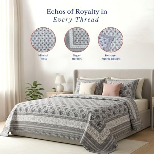 Image of Jaipur Weaves Jaipuri Double Bed Cotton Bedsheet Queen Size 90x85, 120 TC 100% Pure Cotton Bed Sheet with 2 Pillow Covers, Floral Traditional Print (Grey Buta, Double)