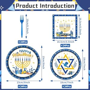 Rakuto Happy Hanukkah Party Decorations - 96PCS Hanukkah Decorations Paper Plates and Napkins Forks Disposable Tableware Set Menorah Holiday Party Decor Chanukah Party Supplies for Home Serve 24 Rakuto Happy Hanukkah Party Decorations 96PCS Hanukkah Decorations Paper Plates and Napkins Forks Disposable Tableware Set Menorah Holiday Party Decor Chanukah Party Supplies for Home Serve 24