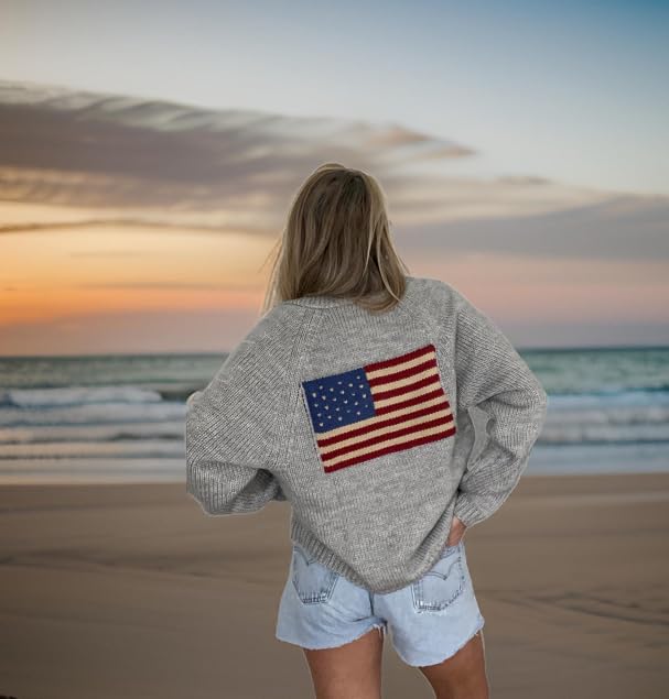Image of Women's American Flag Knit Sweater Cardigan Fold Collar Cardigans Long Sleeve Button Front Knitwear Shawl Coats