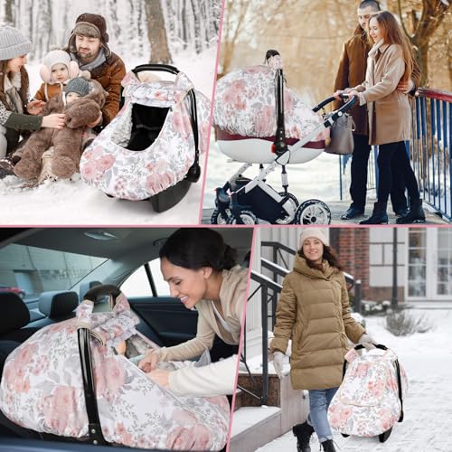 Image of Car Seat Cover Baby, HNHUAMING Infant Car Seat Covers Canopy for Baby Girl Boy, Cozy & Windproof Newborn Carseat Covers Mink Dot Backing Stroller Cover with Breathable Mesh Window, Pink Floral