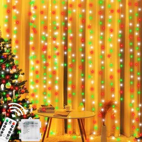 Johiux Luci natalizie per tende, 300 LED, 3 m x 3 m, rosso, bianco e verde, luci per tende per interni ed esterni, luci natalizie per finestre, 8 modalità a batteria