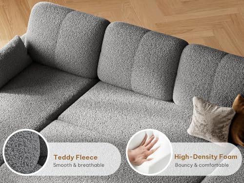DWVO 105" Sectional Sofa Couch, 2 in 1 Sleeper Sofa Bed with Reversible Storage Chaise Pull Out Bed, U-Shape Sofa Bed for Living Room, Side Storage Pocket, Teddy Fleece, Grey