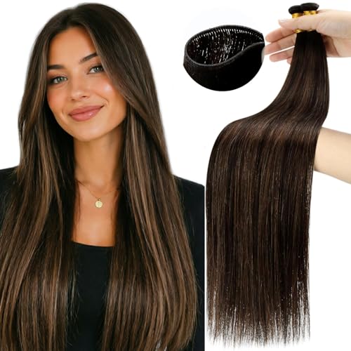 Image of Moresoo Genius Weft Hair Extensions Real Human Hair, Balayage Brown | Crafted with Remy human hair, 18 Inch 50g, smooth strands for casual looks, parties and events