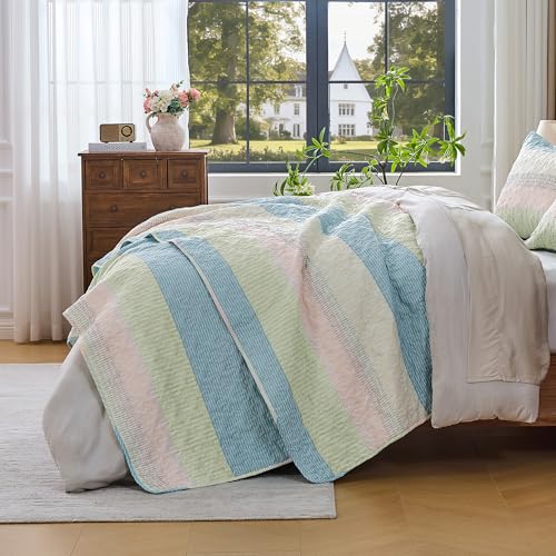 Image of Andency King Size Quilt Set Blue Pink, 3 Pieces Summer Ultra Soft Lightweight Bedspreads & Coverlets Set, Patchwork Striped Quilted Bedding Sets for All Seasons (1 Quilt, 2 Pillow Shams)