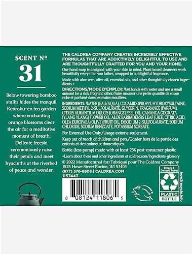 Image of Caldrea Hand Wash Soap, Aloe Vera Gel, Olive Oil, Orange Peel and Ylang Ylang flower Essential Oils To Cleanse And Condition, Orange Blossom Bamboo scent, 10.8 Oz