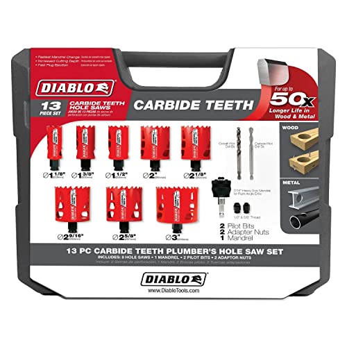 Diablo Carbide Teeth Hole Saw Set for Plumbers - 8 Hole Saws, 1 Mandril, 2 Pilot Bits, 2 Adaptor Nuts with SnapLock Plus Mandrel System - 13-Piece Set - DHS13SPLCT