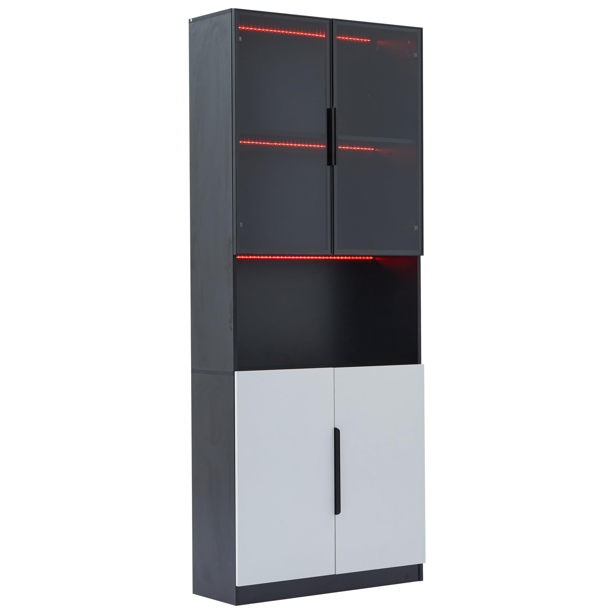 Vitrine mit Glastüren und LED-Licht, Vitrinenschrank Glasvitrine mit 5 Fächer, Highboard Sammlervitrine mit Verstellbare Schotten, Wohnzimmerschrank, Weiß+Schwarz, 80x30x200 cm