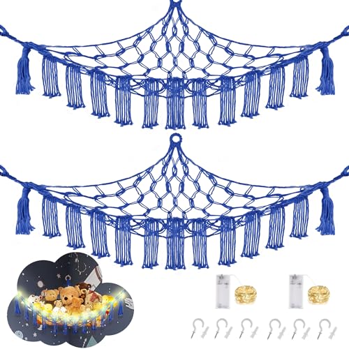 Image of CERETIA Stuffed Animal Hammock with LED Light, Large Stuffed Animals Storage Corner Plushie Net for Kids Room Decor, 2 Packs Royal Blue