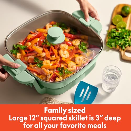 Image of bella Make & Take Electric Skillet, Fits-anywhere kitchenware, EverGood Ceramic Coating, Adjustable Temperature & Dishwasher-Safe Tempered Glass Lid, Cast Aluminum Base, 1200 Watt, Seaglass