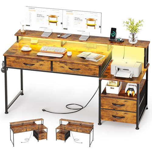 Image of 53 inch Computer Desk with 4 Drawers & Power Outlets, Reversible Home Office Desk with Monitor Stand & Printer Stand, Gaming Desks with Led Lights, Study Writing Work Desks Table for Bedroom, Vintage