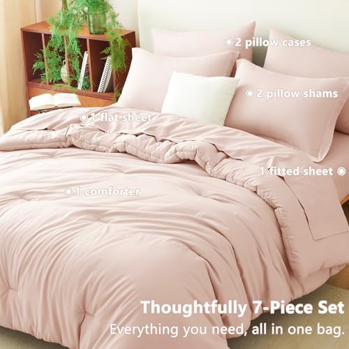 CozyLux Queen Comforter Set Blush Pink, 7 Pieces Bed in a Bag Queen Comforter Set with Sheets, Bedding Sets with Down Alternative Comforter, Fitted Sheets, Flat Sheets, Pillow Shams and Pillowcases