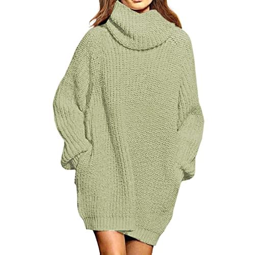 Pink Queen Women's Loose Turtleneck Oversize Long Pullover Sweater Dress Light Green Small