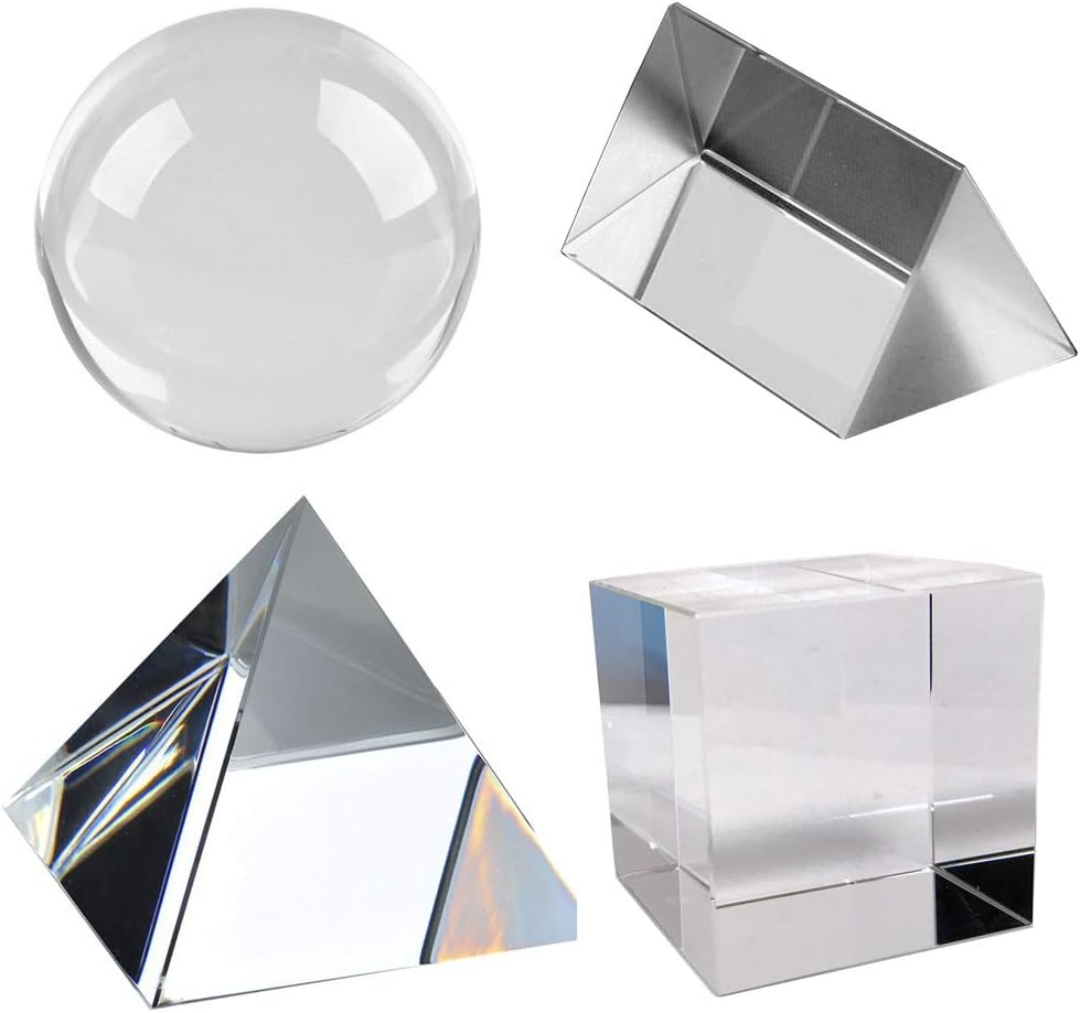 Amlong Crystal K9 Optical Crystal Photography Prism Set of 4 Pieces, 50mm Crystal Ball, 50mm Cube, 60mm Prism, 60mm Pyramid