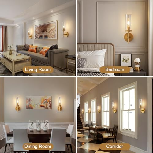 Image of Gold Wall Sconces,Sconces Wall Lighting 15.5 inch Knurled Aluminum Bathroom Vanity Wall Light Fixture with Clear Glass,Modern Brushed Brass Bathroom Sconces Wall Lights for Living Room,Bedroom,Corridor