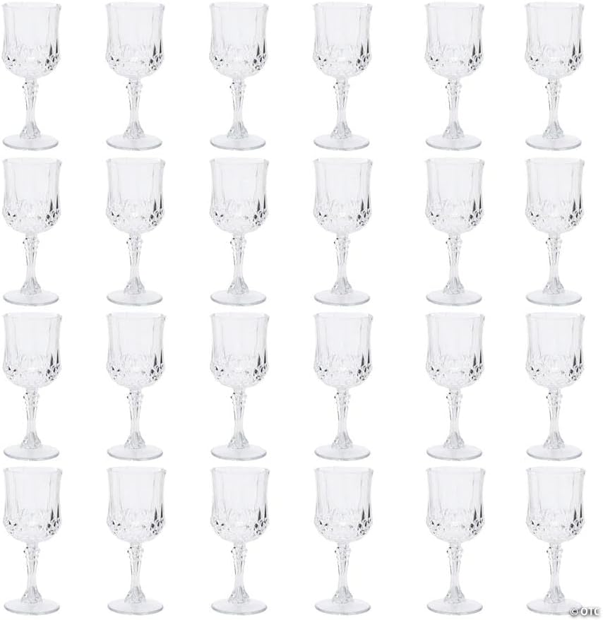 Fun Express 6 3/4" 8 oz. Clear Patterned Plastic Wine Glasses - 24 Count