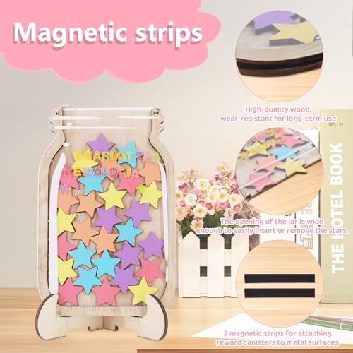 Belohnungsglas Belohnungsglas für Kinder, Belohnungsglas Magnetisch Kinder Belohnungssystem Grundschule Lehrerbedarf Belohnungsglas mit Holzhalter und 30 Stern für Klassenzimmer zu Hause(14.5 * 21CM)