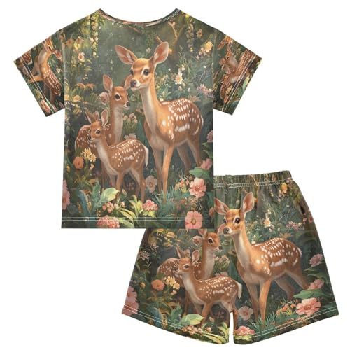 ALAZA Family Deer Blossom Floral Pajamas Set Short Sleeve Cotton Sleepwear Summer Pjs 2 Piece 5-14Y2