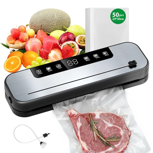 7 en 1 máquina al vacío de alimentos, 75 kpa con junta más larga de 30 mm, ppareil al vacío alimentario con modo seco y húmedo, 50 bolsas al vacío incluidas, máquina de vacío con cuchillo de corte