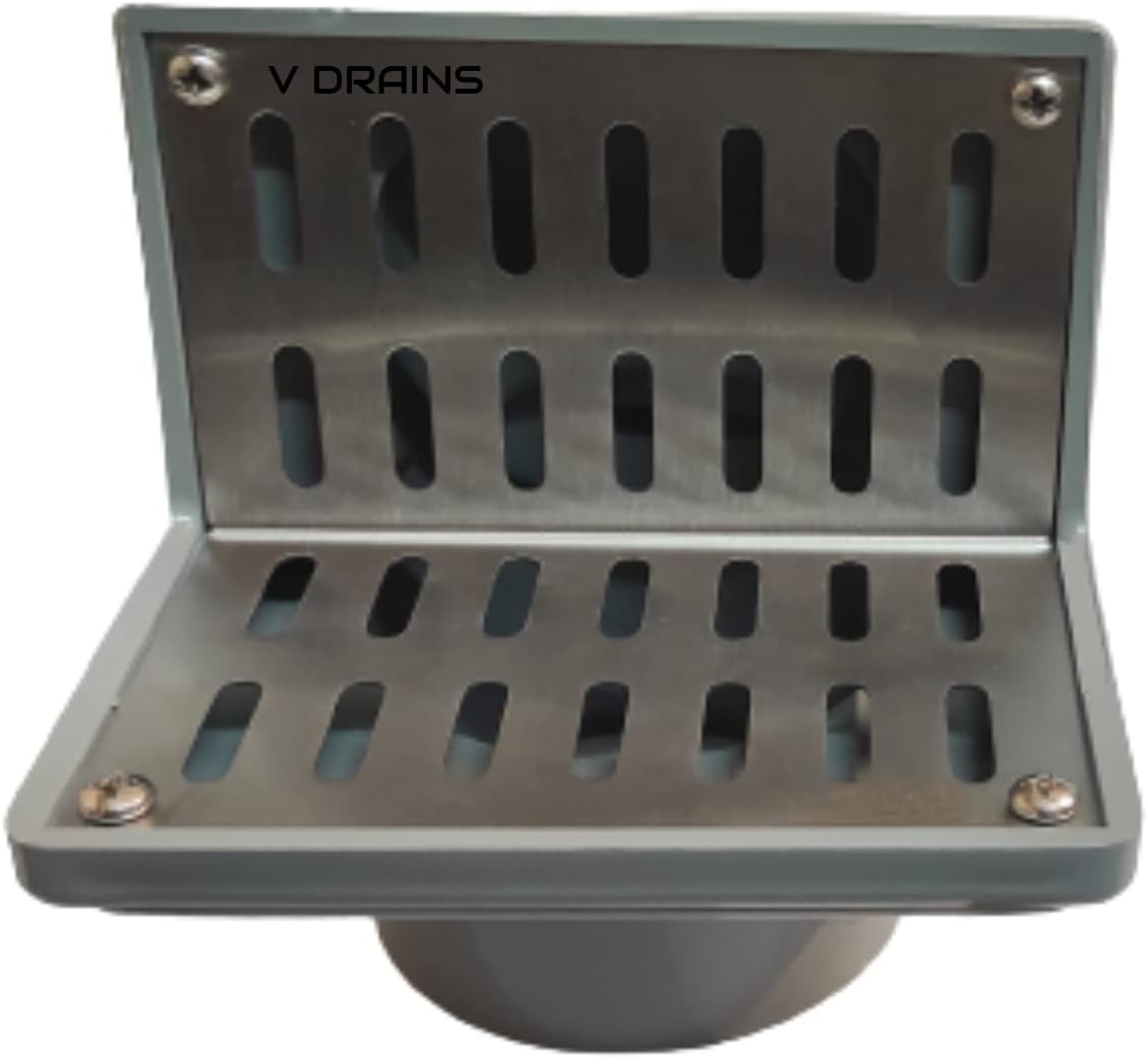 4 inch Outlets Roof/Balcony/Terrace/Side Wall Corner Parapet Scupper L Shape Drain in ABS + Stainless Steel Grating (125mm x 145mm) with Horizontal/Vertical Outlet Size - 5 Inch x 5.7 Inch
