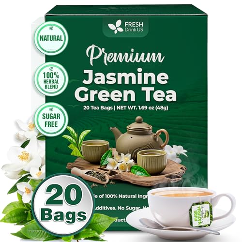 Image of FreshDrinkUS, Premium 20 Tea Bags of Jasmine Green Tea, 100% Natural. Exquisite Flavor, Handpicked Leaves, Perfect for Tea Lovers. No Sugar, No Gluten, Vegan.