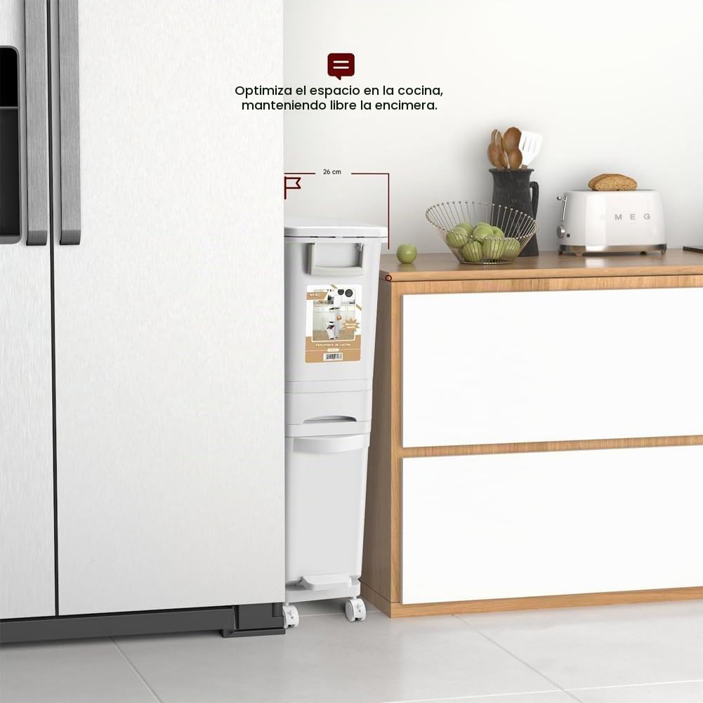 BAKAJI Cubo de basura alto y estrecho de cocina de 32 litros con cesta extraíble para basura y recogida diferenciada, diseño ahorra espacio, 1 cubo abatible + 1 cajón, 26 x 36 x 84 cm (32 litros)