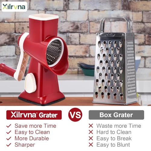 Image of Rotary Cheese Grater with Handle Kitchen Shredder Slicer Grater Slicer Ice Shaver Cheese Vegetable Nuts Potato Zucchini Chocolate 3 Interchangeable Blades (RedWhite)