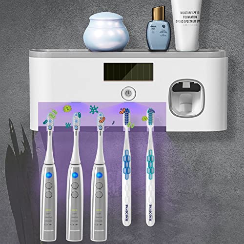 Toothbrush Holder Wall Mounted Toothpaste Dispenser U·V Cleaner 5 Brush Slots Toothbrush Holder with Toothpaste Dispenser USB Rechargeable Toothbrush Holders for Bathroom