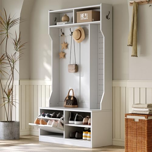 Meuble d’Entrée, Porte-Manteau avec Banc à Chaussures, Vestiaire, Rangement pour Chaussures, 6 Crochets, Gain de Place, Étagères Réglables, Espace de...