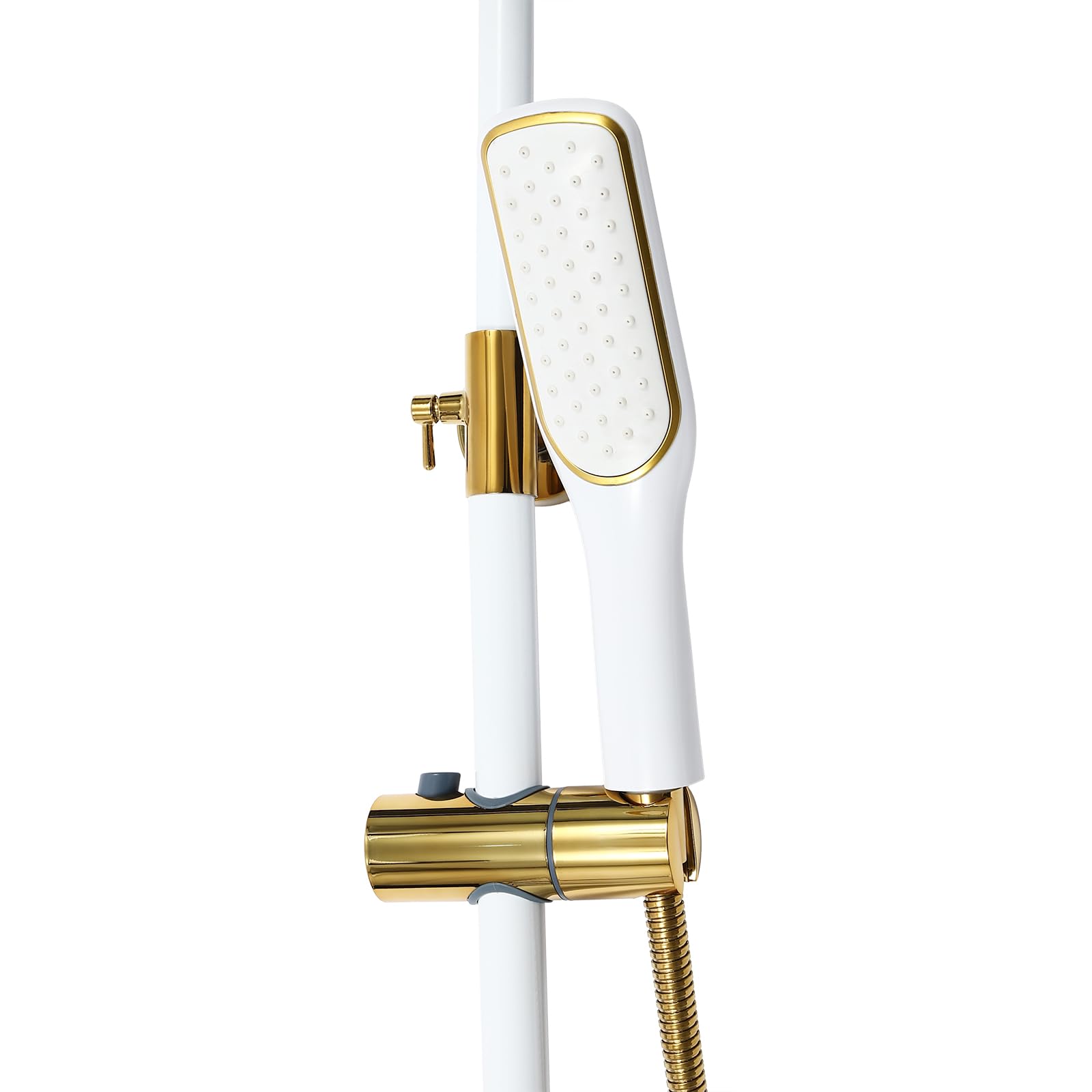 Sistema doccia con soffione e doccetta, set completo, asta doccia regolabile in altezza 85-125 cm, sistema doccia bianco oro, 3 uscite dell'acqua con attacco G1/2, per bagno