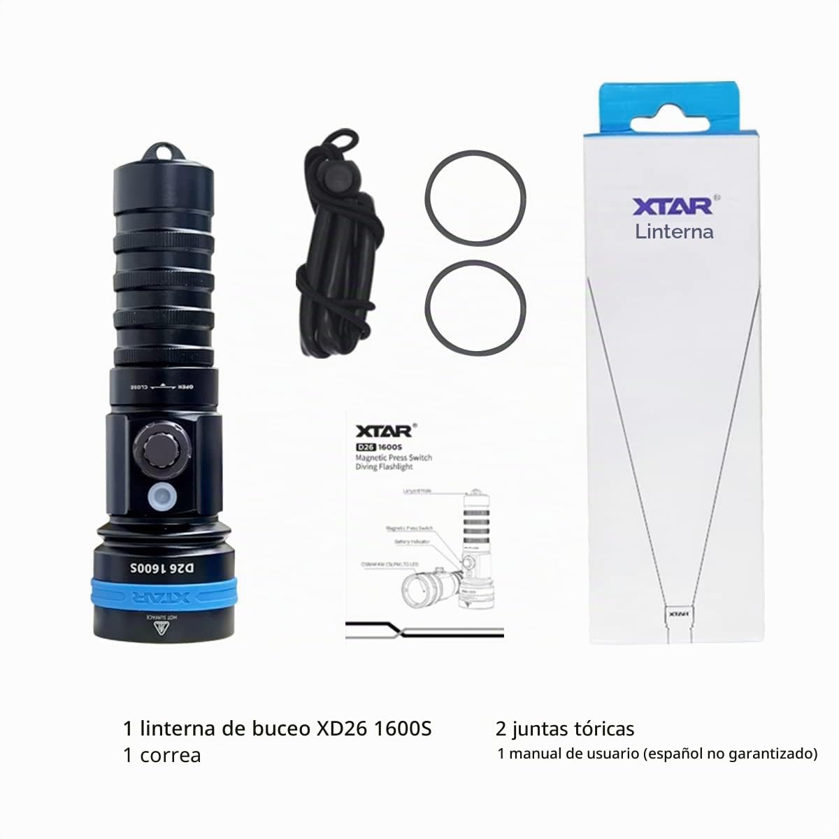 XTAR Linterna de buceo D26 1600S de 1600 lúmenes, luz de buceo, 4 modos IPX8, luces submarinas, para exploración al aire libre, deportes acuáticos (no incluye batería)