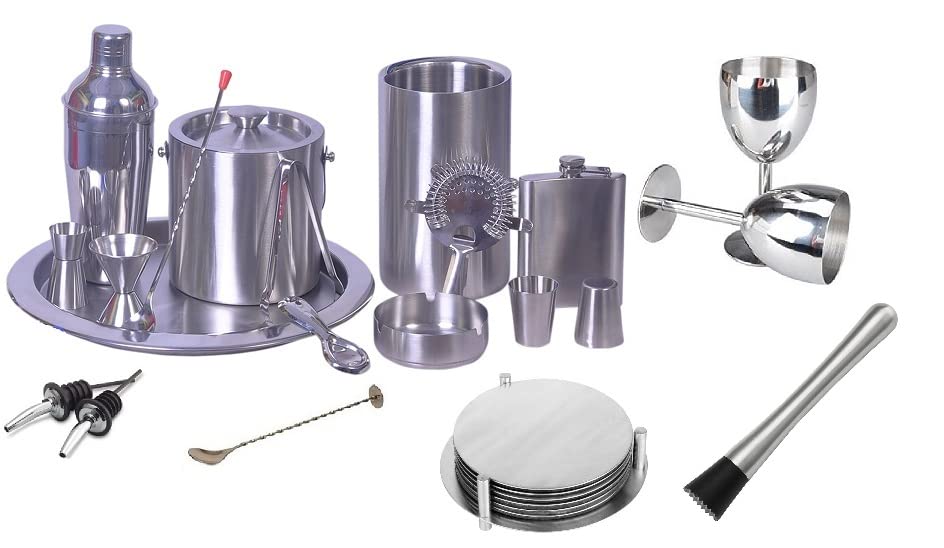 Dynore Stainless Steel 21 Pcs Bar Set - Delux cocktail shaker - 750 ml, 2 Double sided peg measure, Double wall ice bucket, Ice tong, Bottle opener, Round coaster, Bar tray, Strainer, 2 pourer, Bar spoon, Ash tray, wine cooler, Hip flask 7 oz, 2 Shot glasses,2 Goblet glass, Muddler, Bar Spoon crusher.