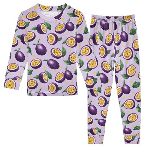 Passion Fruit Purple Pattern Cute Pajama Sets Long Sleeve Top and Pants, Snug Fit Sleepwear for Night Wears