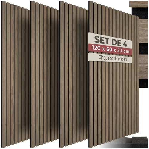 tectake® Paneles Acusticos Decorativos MDF, Chapa de Madera Real, Excelente Acústica, Tejido de Fieltro y Madera, Insonorización Acústica Pared - 60 x 120 x 2,1 cm 4 Paneles Roble Oscuro