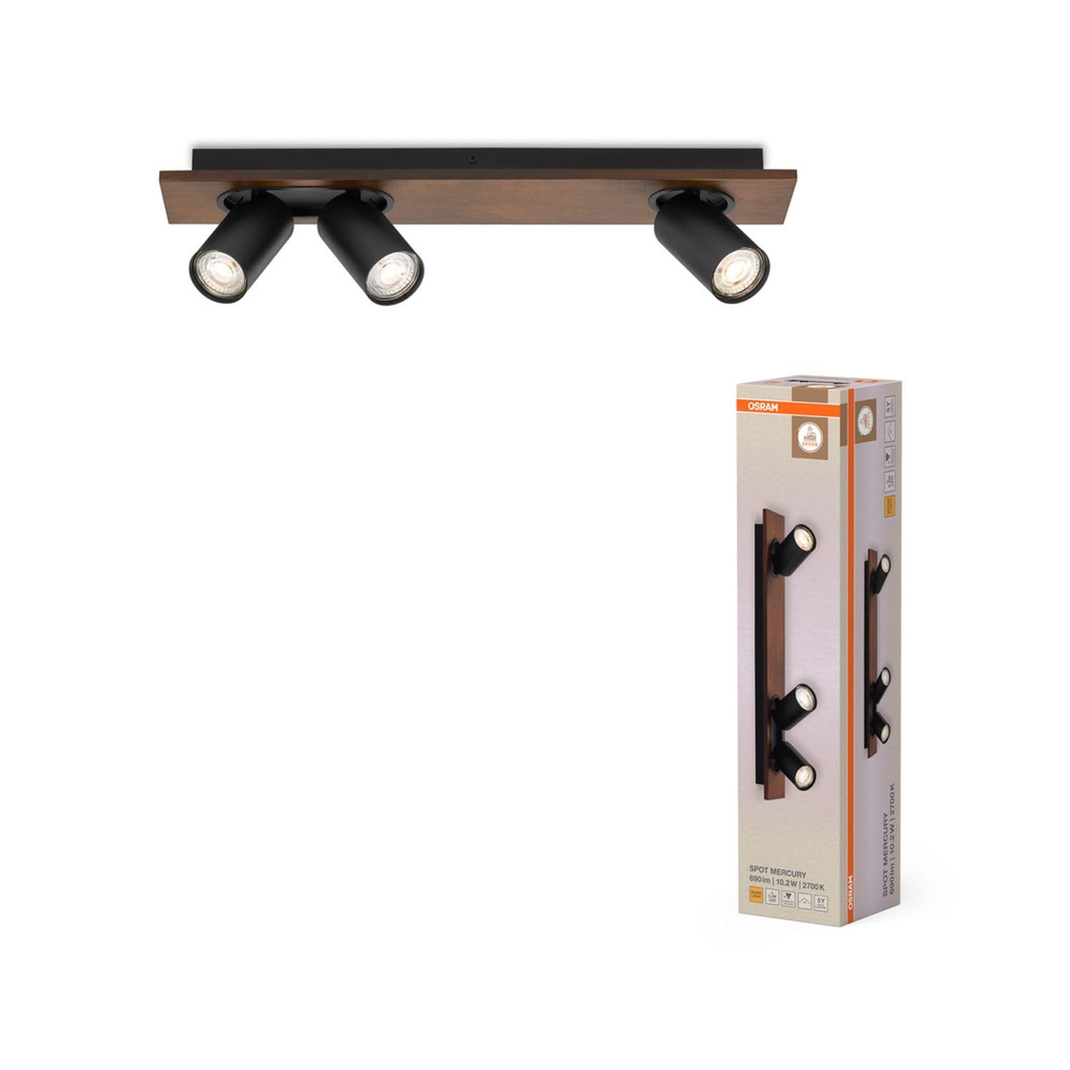 Osram DECOR SPOT MERCURY 3 x 3,4 W, 690 lm, aspecto de madera negra, focos ajustables, cabezales ajustables, multiusos, foco interior, bombillas LED intercambiables, luz blanca cálida, GU10