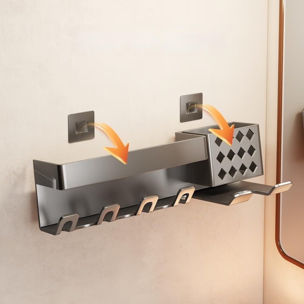 ReachMall Soporte de cepillo de dientes de metal para montaje en pared, organizador de aluminio sin taladro, con taza, ahorro de espacio, almacenamiento de baño para el hogar y el hotel