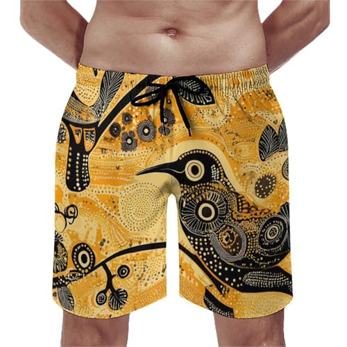 African Aboriginal Bird Men's Swim Trunks Board Shorts Beachshorts Swimsuits with Pockets Mesh Liner