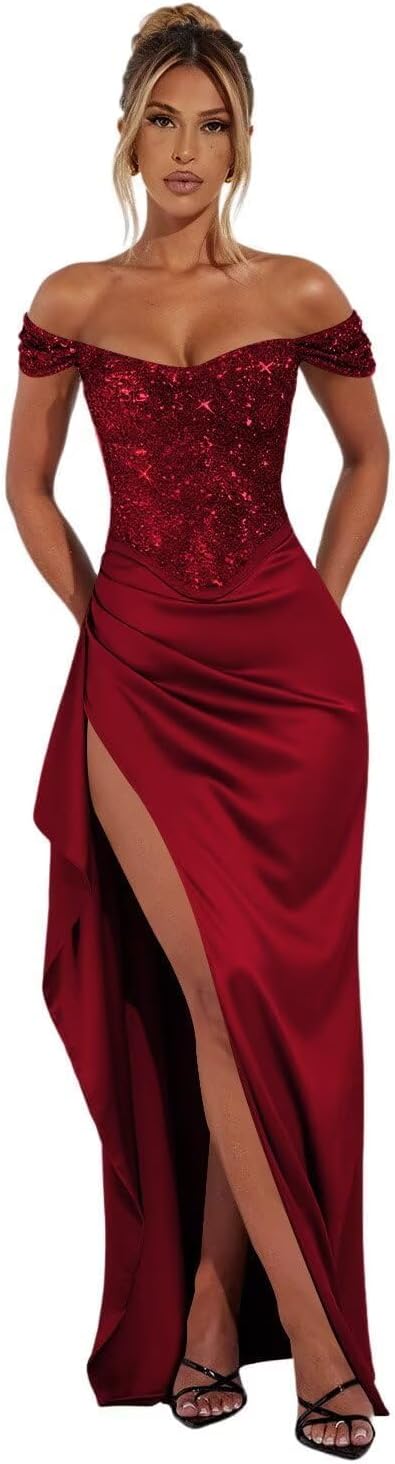Sequin Satin Prom Dress for Women High Slit Formal Dress Long Off Shoulder Bodycon Mermaid Cocktail Dress