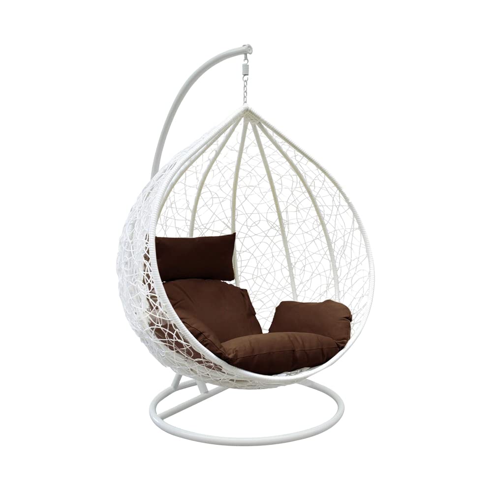 Rattan Swing Egg Chair with Stand Outdoor Indoor Garden Patio Hanging Egg Chair with Cushion (White Egg Chair & Brown Cushion)