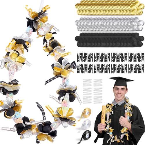 Unittype 6 Sets 2026 Graduation Candy Lei Making Kit DIY Lei Netting Tubing Include 5 ft Mesh Bag 3 Rolls of 98 ft Ribbon 216 Pcs Flower Pieces for Grad Party Supplies(Gold, Silver Gray, Black)