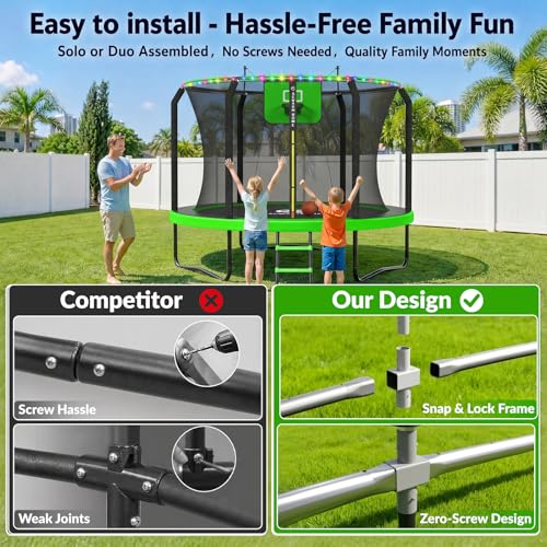 Image of ACWARM HOME Trampoline Outdoor 8FT 10FT 12FT 14FT 15FT 16FT Trampoline with Basketball Hoop and LED Lights, Recreational Trampolines for Kids and Adults with Enclosure Net & Ladder, ASTM Approved