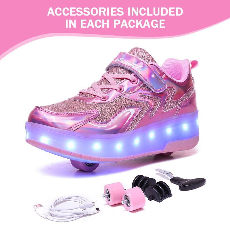 Wooowyet LED Roller Skate Shoes for Kids Boys Girls Light Up Fashion Sneakers Wheels Wheeled USB Rechargeable Hook&Loop Shiny Pink Little Kids Size 11