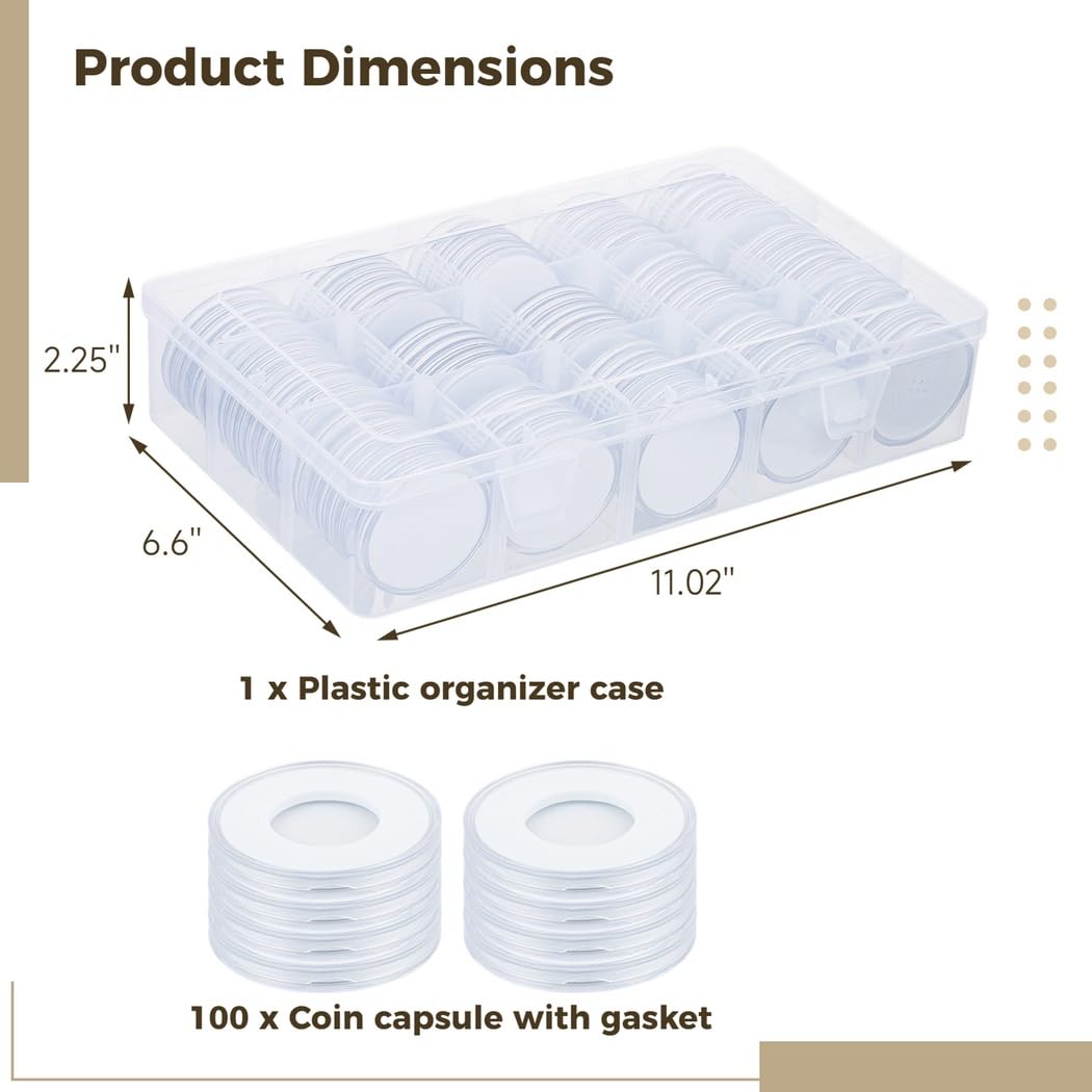 100 cápsulas de monedas, soportes transparentes para colección de monedas con juntas ajustables y caja de plástico, cajas acrílicas plateadas para monedas de 1.68, 2, 2.49, 2.69, 3, 3.8, 4.60