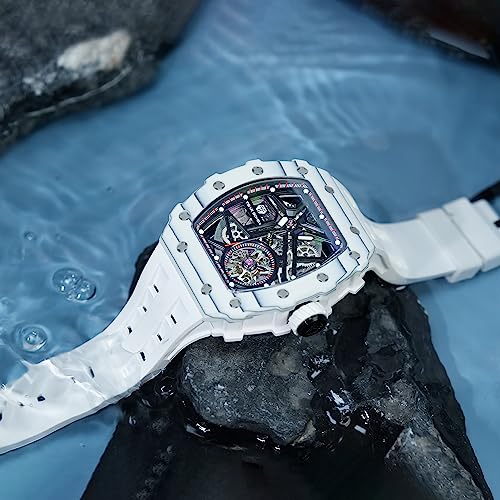 Image of TSAR BOMBA Men's Automatic Watch Tonneau Luxury Skeleton Watches for Men Mechanical 50M Waterproof Analogue Watches Mens Unique Cool Square Big Face Dial Wristwatch with Silicone Strap Band