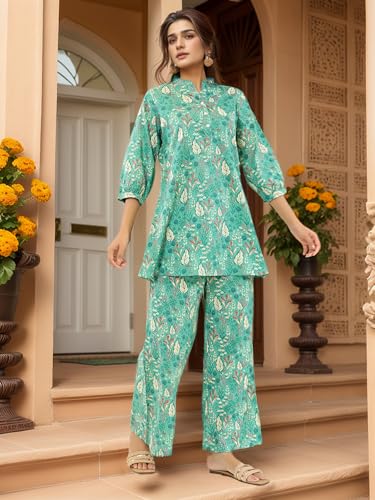 Nainvish Women's Teal Blue Printed Straight Rayon Blend V-Neck Co-Ord Set (Sd728_Kb-Xl_Teal Blue)