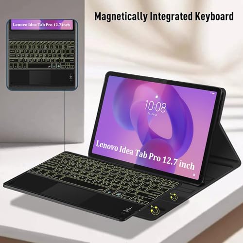 Image of HOM Tri-Fold 7-Colour Backlight Detachable Wireless Bluetooth Keyboard with Trackpad /Touchpad Tablet Cover Case for Lenovo Idea Tab Pro 12.7 inch - Black