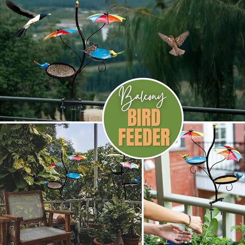 Image of Kraftskala Balcony Bird Feeder with Water Bowl & Umbrella Shade - Clamp-On Mount Bird Feeding Station for Railing - Outdoor Bird Bath & Feeder for Sparrows, Small Birds, Garden Decor
