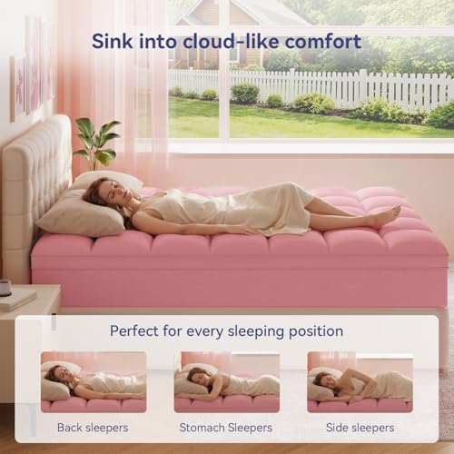 Image of ELEMUSE Pink Queen Mattress Topper for Bed, Extra Thick Pillow Top Mattress Pad with Plush Comfort, Designed for Couples & Everyday Sleep, Bedroom Upgrade
