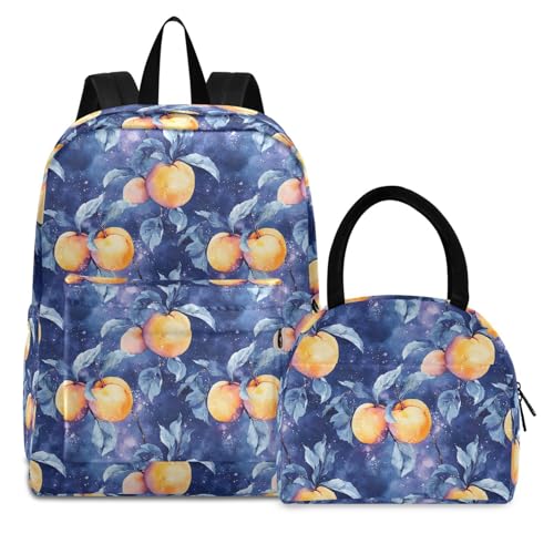 Backpack Lunch Box Set Large Capacity Travel Backpacks and Insulated Lunch Bag for Commute Hiking Picnic Peach Watercolor Print